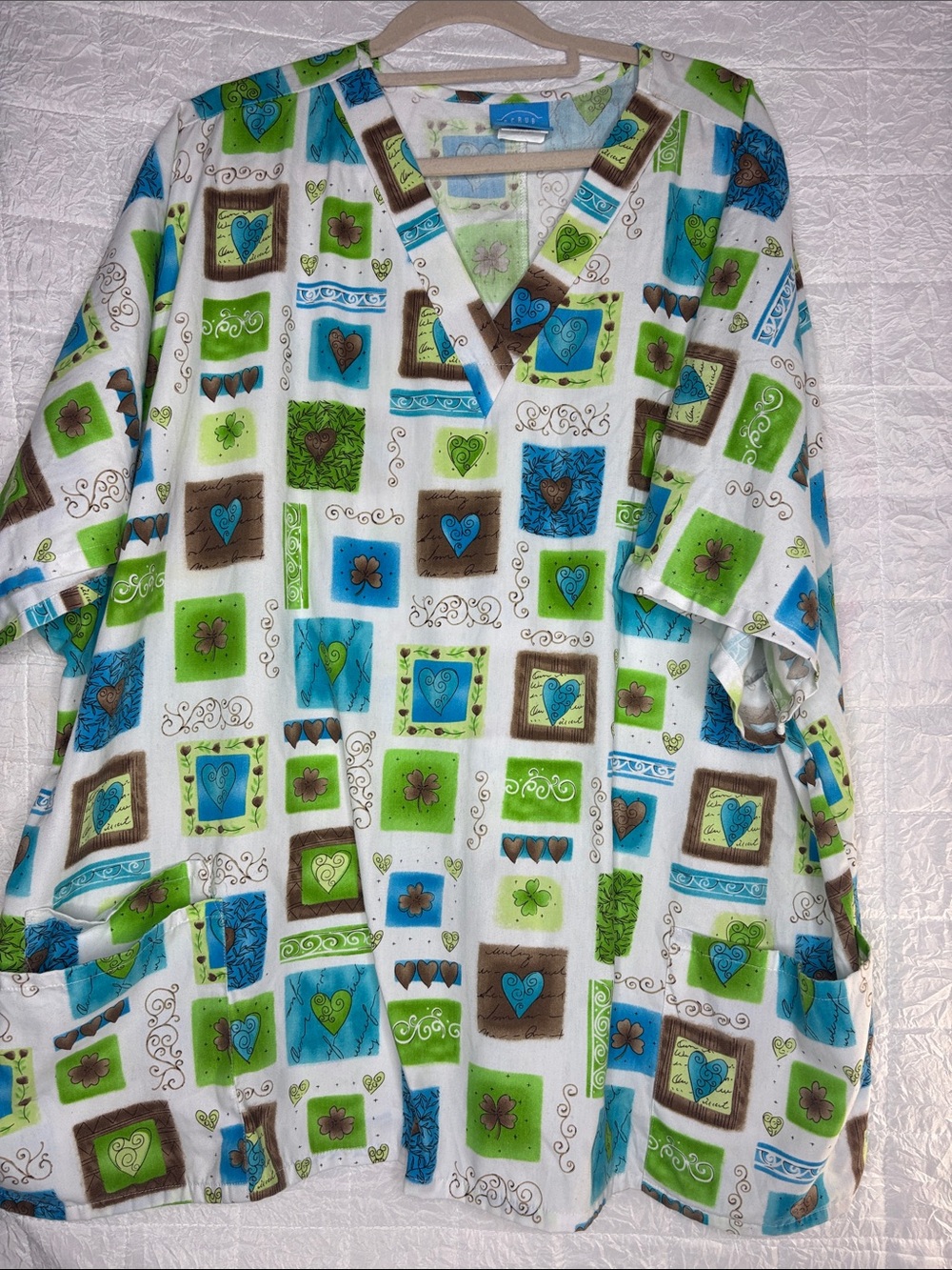 Vivid Heart & Square Print Medical Scrub Top - Blue, Green, Brown